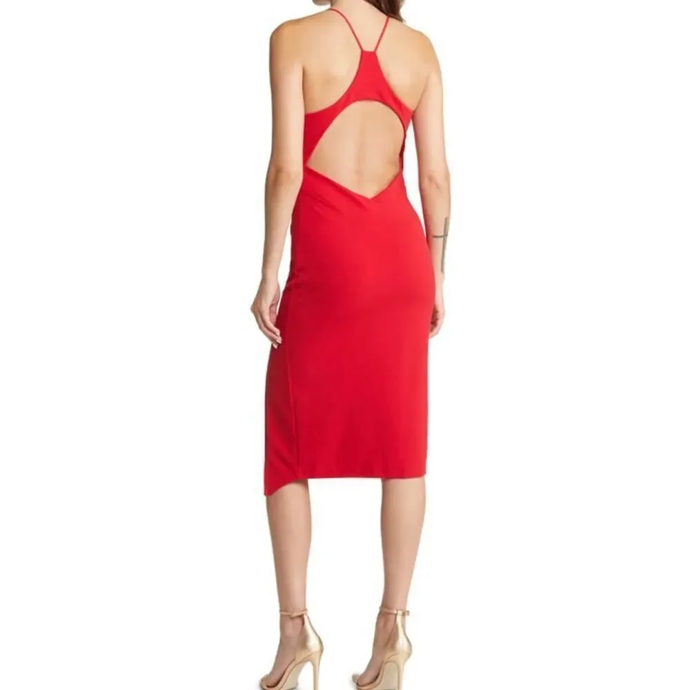 Lulus Get the Party Going Cocktail Bodycon Midi Dress Red Women's Size Large NWT - Picture 2 of 9